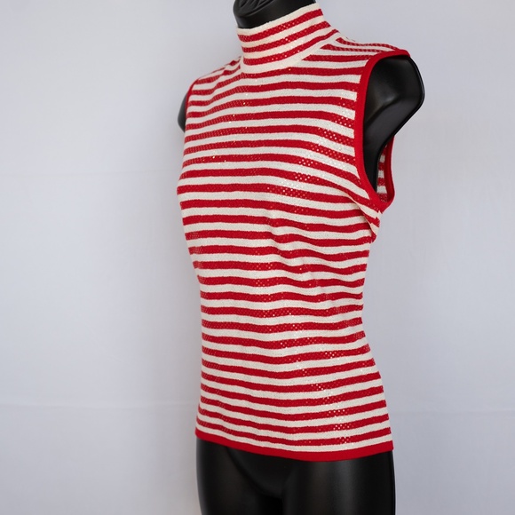 St. John Knit Red & White Stripe & Sequin Sleeveless Mock Neck Top - Picture 2 of 4